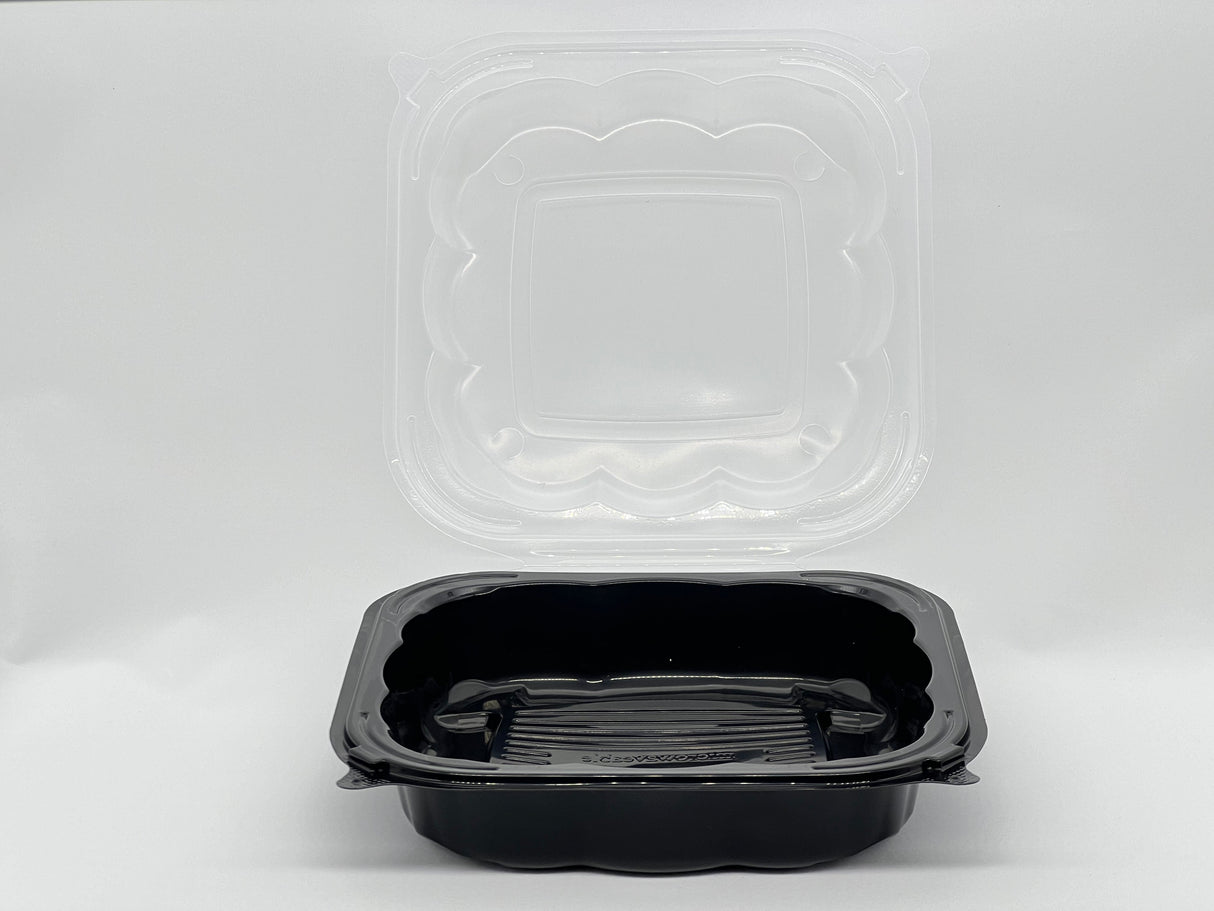 Plastic Hinged Containers/Clear/Black Base 8*8*2.95 150/Case - Albert's Distribution